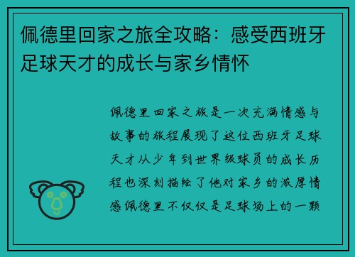 佩德里回家之旅全攻略：感受西班牙足球天才的成长与家乡情怀